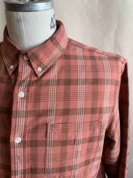 Mens, Casual Shirt, BEAN SIGNATURE, Rose Pink, Brown, White, Cotton, Plaid, L, Button Front, Collar Attached, Button Down Collar, 1 Pocket, Long Sleeves, Button Cuff