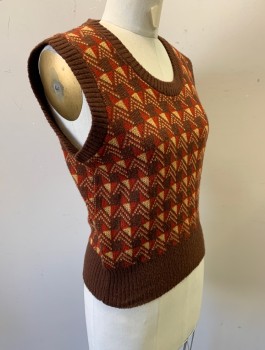 Womens, Vest, N/L, Brown, Brick Red, Tan Brown, Acrylic, Geometric, B:34, Scoop Neck, Solid Brown Ribbed Neck, Arm Openings and Waist,