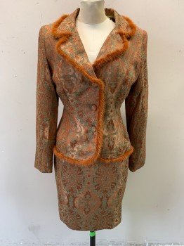 KAY UNGER NY, Burnt Orange, Gold, Olive Green, Acetate, Acrylic, Leaves/Vines , Early 2000s, Notched Lapel, Single Breasted, Button Front, 3 Buttons, Burnt Orange Minx Fur Trim