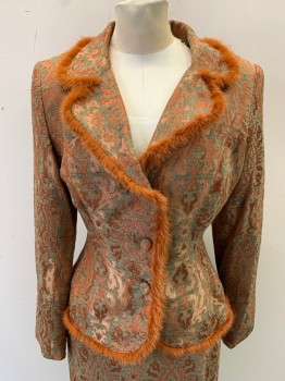 KAY UNGER NY, Burnt Orange, Gold, Olive Green, Acetate, Acrylic, Leaves/Vines , Early 2000s, Notched Lapel, Single Breasted, Button Front, 3 Buttons, Burnt Orange Minx Fur Trim