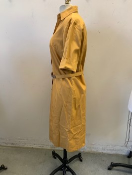 LADY BAYARD, Mustard Yellow, Polyester, Cotton, Solid, Shirt Dress, Cuffed Short Sleeves, Button Front, Placket, Collar Attached, Brown Top Stitching