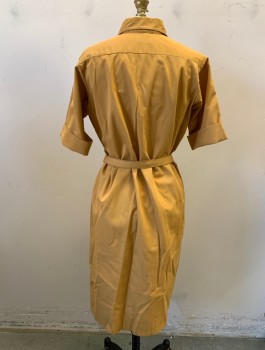 LADY BAYARD, Mustard Yellow, Polyester, Cotton, Solid, Shirt Dress, Cuffed Short Sleeves, Button Front, Placket, Collar Attached, Brown Top Stitching