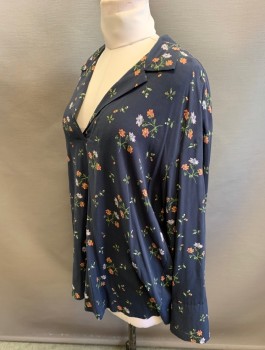 H&M, Navy Blue, Peach Orange, Green, Lavender Purple, Viscose, Floral, Pullover, Long Sleeves, Notched Collar, V-neck, Very Oversized/Baggy Fit, High/Low Hemline