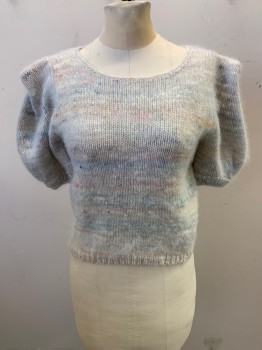 Womens, Sweater, NL, White, Lt Gray, Turquoise Blue, Pink, Goldenrod Yellow, Wool, Angora, Stripes - Horizontal , Speckled, B: 36, Pullover, Scoop Neckline, Short Sleeves, High Shoulders