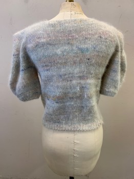 Womens, Sweater, NL, White, Lt Gray, Turquoise Blue, Pink, Goldenrod Yellow, Wool, Angora, Stripes - Horizontal , Speckled, B: 36, Pullover, Scoop Neckline, Short Sleeves, High Shoulders