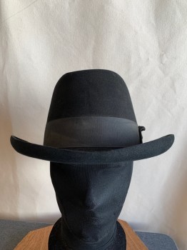 Mens, Homburg, STETSON, Black, Fur, 59, 7 3/8, Grosgrain Hat Band with Bow, Tall Crown, Felted Fur,