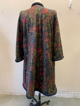 Womens, Coat, PAULINE TRIGERE, Black, Dk Red, Olive Green, Caramel Brown, Wool, Floral, B <42", L, Swing Coat, Floral Pattern with Charcoal Knit Tubular Trim at Cuffs, Front Opening, and 2 Slanted Pockets at Hips, Padded Shoulders, Hem Below Knee, Retro 50's Inspired
