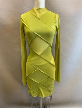Womens, Dress, Long & 3/4 Sleeve, GRAY SCALE, Pea Green, Nylon, Spandex, XS, Pullover, Mock Neck, Criss Cross Wides Sections, Mesh, Sheer Center Front (Under Bust), Sleeves, & Back, Long Sleeves, Body-Con
