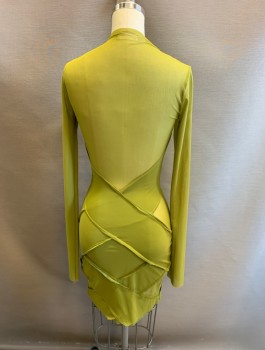 Womens, Dress, Long & 3/4 Sleeve, GRAY SCALE, Pea Green, Nylon, Spandex, XS, Pullover, Mock Neck, Criss Cross Wides Sections, Mesh, Sheer Center Front (Under Bust), Sleeves, & Back, Long Sleeves, Body-Con