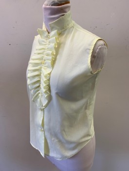 Womens, Blouse, N/L, Lt Yellow, Poly/Cotton, Solid, B:38, Sleeveless, Button Front, Stand Collar, Ruffled **Detachable** Panel That Attaches Along Button Placket