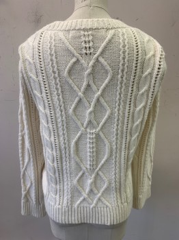VERONIC BEARD, Ivory White, Wool, Cotton, Cable Knit, Puff L/S, Small Shoulder Pads