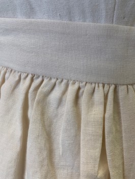Womens, Apron 1890s-1910s, N/L MTO, Off White, Linen, Solid, W:46, Long Half Apron, 1" Wide Self Waistband, Button Closure (Could Be Moved to Change Size), Gathered at Waist, No Pockets, Made To Order