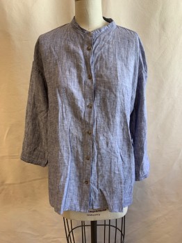 UNIQLO, Dusty Blue, Cotton, Chambray, Collar Band, Button Front, 3/4 Sleeves