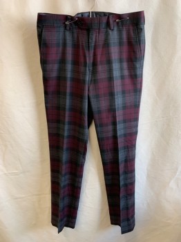 BAR III, Maroon Red, Black, Lt Gray, Polyester, Viscose, Plaid, F.F, Zip Front, Extended Waistband With Button, 4 Pockets, Slim Fit