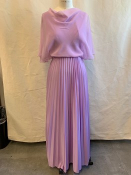 Womens, Evening Gown, N/L, Lilac Purple, Polyester, Solid, B32-34, 10, W27, Short Sleeves, Cowl, Sheer Overlay at Top, Pleated Skirt, Zip Back, Hood/eye Closure, V-back,