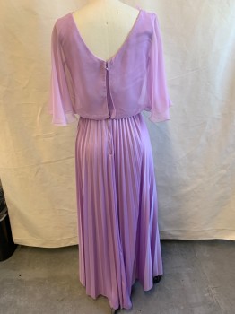 Womens, Evening Gown, N/L, Lilac Purple, Polyester, Solid, B32-34, 10, W27, Short Sleeves, Cowl, Sheer Overlay at Top, Pleated Skirt, Zip Back, Hood/eye Closure, V-back,
