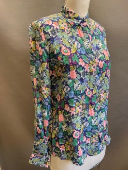 & OTHER STORIES, Multi-color, Navy Blue, Pink, Jade Green, Silk, Floral, Dots, Long Sleeves, Button Front, Collar Attached