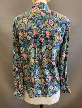 & OTHER STORIES, Multi-color, Navy Blue, Pink, Jade Green, Silk, Floral, Dots, Long Sleeves, Button Front, Collar Attached