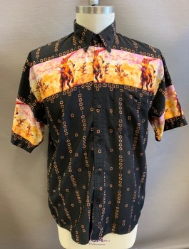 POOL JORCH, Black, Brown, Lilac Purple, Apricot Orange, Rayon, Novelty Pattern, Wild West Cowboys Riding Into the Sunset Across Chest, Stripes of Horseshoes, S/S, Button Front, Collar Attached, Button Down Collar, 1 Pocket with 1 Button