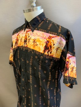 POOL JORCH, Black, Brown, Lilac Purple, Apricot Orange, Rayon, Novelty Pattern, Wild West Cowboys Riding Into the Sunset Across Chest, Stripes of Horseshoes, S/S, Button Front, Collar Attached, Button Down Collar, 1 Pocket with 1 Button