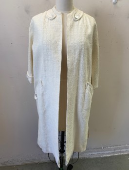 Womens, Coat, N/L, White, Cotton, Solid, Textured Fabric, M, Boucle, L/S, Open at Front with No Closures, 1 Tab at Each Shoulder with Button Detail, Welt Pockets at Hips, Off White Lining