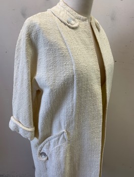 N/L, White, Cotton, Solid, Textured Fabric, Boucle, L/S, Open at Front with No Closures, 1 Tab at Each Shoulder with Button Detail, Welt Pockets at Hips, Off White Lining
