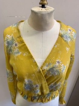 4SIENNAI, Mustard Yellow, Dusty Blue, White, Lilac Purple, Polyester, Floral, L/S, Surplice V Neck, Smock Waist, Ruched Cuffs, Gauze Fabric