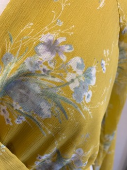 4SIENNAI, Mustard Yellow, Dusty Blue, White, Lilac Purple, Polyester, Floral, L/S, Surplice V Neck, Smock Waist, Ruched Cuffs, Gauze Fabric