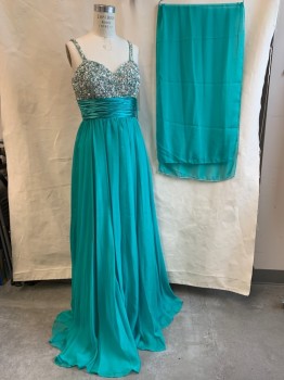 Womens, Evening Gown, J&J, Teal Green, Polyester, Sequins, Solid, 10, Silver Sequinned & Beaded Bust & Shoulder Straps, Sweetheart Neckline, Pleated Empire Waist, Gathered Skirt, Side Zip, Matching Rectangular Scarf