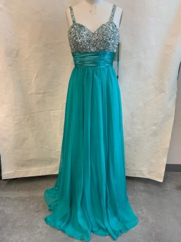 Womens, Evening Gown, J&J, Teal Green, Polyester, Sequins, Solid, 10, Silver Sequinned & Beaded Bust & Shoulder Straps, Sweetheart Neckline, Pleated Empire Waist, Gathered Skirt, Side Zip, Matching Rectangular Scarf