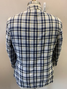 TOMMY HILFIGER, White, Navy Blue, Yellow, Cotton, Plaid, Single Breasted, 2 Buttons,  Notched Lapel, 3 Pockets, 2 Back Vents,