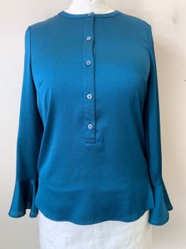 DKNY, Teal Blue, Polyester, Solid, L/S, Crew Neck, 5 Buttons, Bell Cuffs