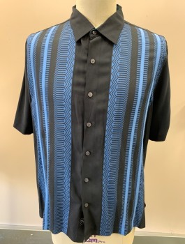 NAT NAST, Black, Blue, Silk, Geometric, Stripes - Vertical , Button Front, S/S, C.A., Has Large Dart CB That Can Be Taken Out