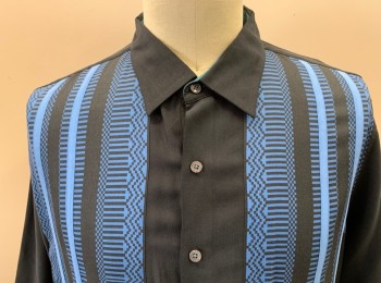 NAT NAST, Black, Blue, Silk, Geometric, Stripes - Vertical , Button Front, S/S, C.A., Has Large Dart CB That Can Be Taken Out