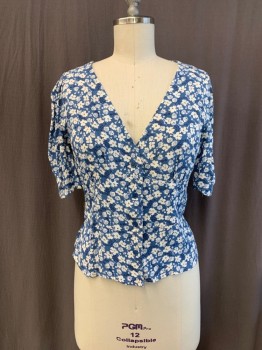 REFORMATION, French Blue, White, Polyester, Floral, V-N, S/S, Button Front,
