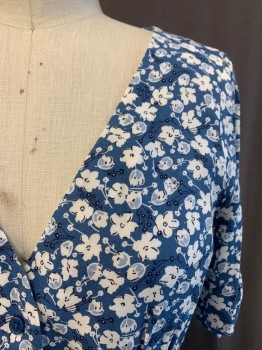 REFORMATION, French Blue, White, Polyester, Floral, V-N, S/S, Button Front,