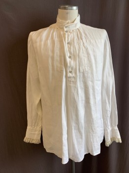 Mens, Historical Fiction Shirt, MTO, Off White, Cotton, Solid, 56, 1800s, Band Collar, Half Placket Button Front,  L/S, Button Cuffs, Lace Trim at Cuffs, Gathering at Yoke
