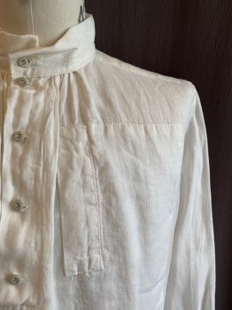 Mens, Historical Fiction Shirt, MTO, Off White, Cotton, Solid, 56, 1800s, Band Collar, Half Placket Button Front,  L/S, Button Cuffs, Lace Trim at Cuffs, Gathering at Yoke