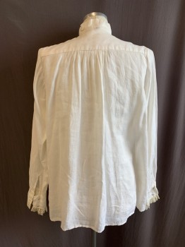 MTO, Off White, Cotton, Solid, 1800s, Band Collar, Half Placket Button Front,  L/S, Button Cuffs, Lace Trim at Cuffs, Gathering at Yoke