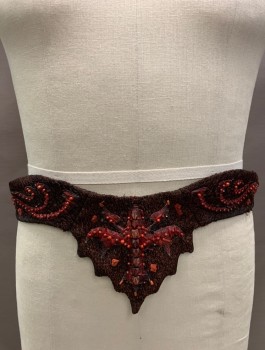 Unisex, Sci-Fi/Fantasy Belt, N/L MTO, Dk Red, Black, Polyester, Beaded, Abstract , W<42", 1-2" Wide with Pointed Triangular Shape at Center with Jagged Edges, Crinkled Texture Fabric, Assorted Beads and Gemstones, Hook & Bar Closures, Made To Order