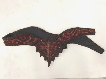 Unisex, Sci-Fi/Fantasy Belt, N/L MTO, Dk Red, Black, Polyester, Beaded, Abstract , W<42", 1-2" Wide with Pointed Triangular Shape at Center with Jagged Edges, Crinkled Texture Fabric, Assorted Beads and Gemstones, Hook & Bar Closures, Made To Order