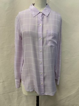 BROADWAY & BROOME, Lilac Purple, White, Silk, Grid , Collar Attached, Button Front, Long Sleeves, 1 Pocket, Button at Mid Sleeve