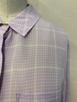 BROADWAY & BROOME, Lilac Purple, White, Silk, Grid , Collar Attached, Button Front, Long Sleeves, 1 Pocket, Button at Mid Sleeve