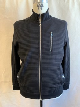 Mens, Casual Jacket, INC, Black, Polyester, Cotton, Solid, L, Horizontal Ribbed, Zip Front, Ribbed Knit Stand Collar/Cuff/Waistband, 2 Pockets with Silver Snaps