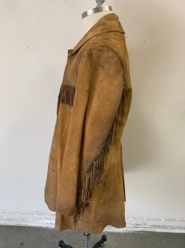Mens, Historical Fiction Jacket, MTO, Caramel Brown, Suede, Solid, 40, Early 1800sSingle Breasted, 6 Wooden Buttons, C.A., Fringe at Front Yoke and Under Arms, 2 Flap Pocket, Partial Cotton Lining, Aged