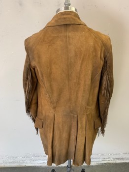 Mens, Historical Fiction Jacket, MTO, Caramel Brown, Suede, Solid, 40, Early 1800sSingle Breasted, 6 Wooden Buttons, C.A., Fringe at Front Yoke and Under Arms, 2 Flap Pocket, Partial Cotton Lining, Aged