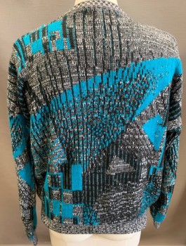 Mens, Sweater, CLUB INTERNATIONAL, Black, White, Turquoise Blue, Acrylic, Geometric, XL, C N, L/S