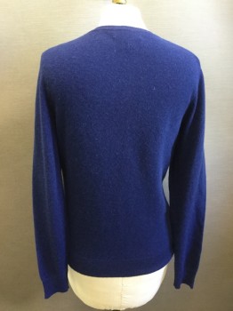 LORD & TAYLOR, Royal Blue, Cashmere, Solid, V-neck, Long Sleeves, Ribbed Knit Neck/Waistband/Cuff