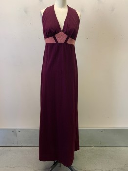 Womens, Evening Gown, NO LABEL, Wine Red, Rose Pink, Polyester, Cotton, Solid, W26, B30, Halter Top, V Neck, Rose Breast Band with Pink Gems, Back Zipper with Bow