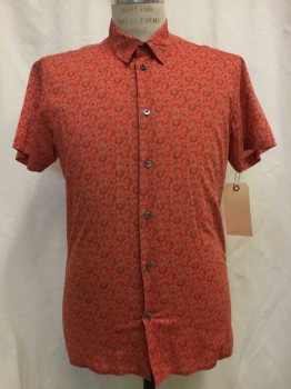 MARC BY MARCJACOBS, Red-Orange, Red, Taupe, Coral Orange, Cotton, Floral, Red Orange with Red/taupe/coral Orange Floral Print, Button Front, Collar Attached, Short Sleeves,